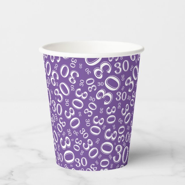 30th Birthday Random Number Pattern Purple/White Paper Cups (Front)