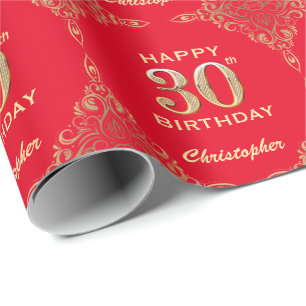 30th Birthday Red and Gold Glitter Frame Wrapping Paper
