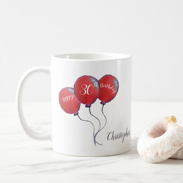 30th birthday red balloon gift coffee mug (With Donut)