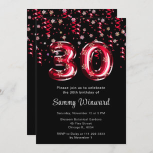 30th Birthday Red Balloons Snowflake Confetti Invitation
