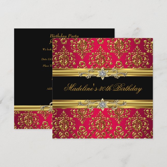 30th Birthday Red Damask Gold Floral Black jewel Invitation (Front/Back)