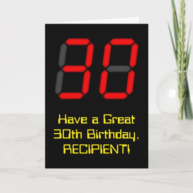 30th Birthday: Red Digital Clock Style "30" + Name Card (Front)