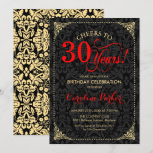 30th Birthday - Red Gold Black Damask Invitation