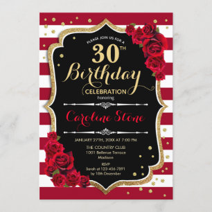 30th Birthday - Red Gold Black White Stripes Roses Invitation