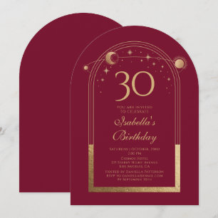 30th Birthday Red Gold Celestial Sun Moon Stars Invitation