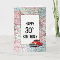 30th Birthday Red Retro Truck on Map
