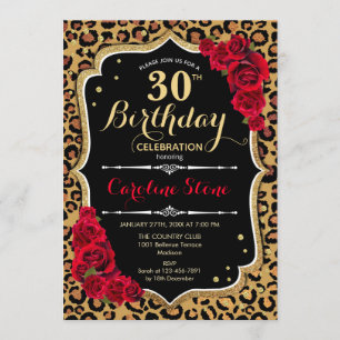 30th Birthday - Red Roses Leopard Print Invitation