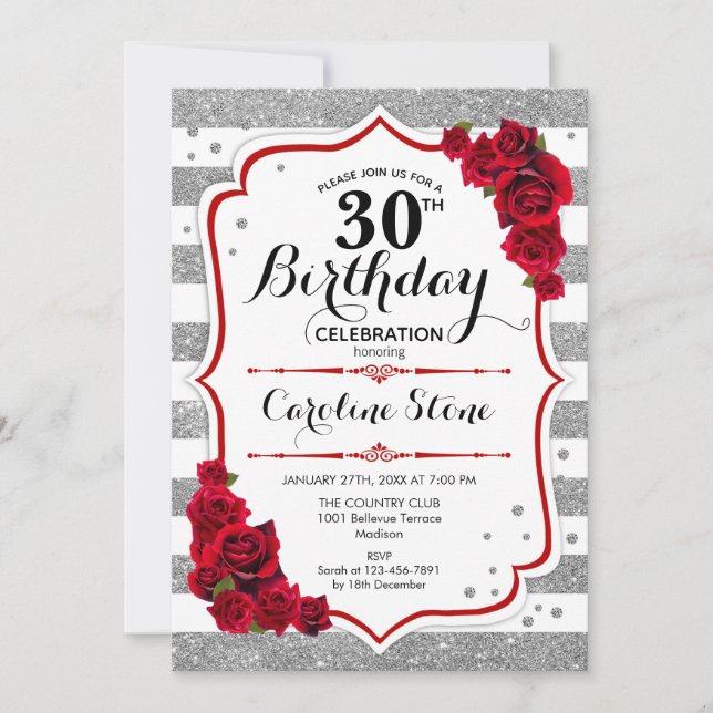 30th Birthday -  Red Silver White Stripes Roses Invitation (Front)