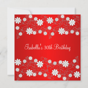 30th Birthday Red & White Floral Invitation