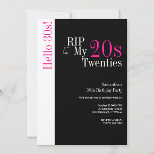 30th Birthday RIP 20s Hello 30s Party Black Pink Invitation