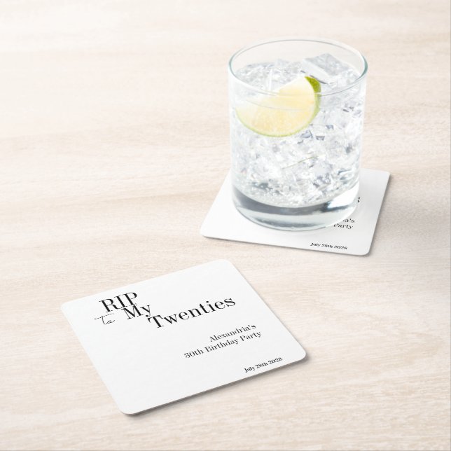 30th Birthday RIP 20s Minimal Party Square Paper Coaster (Insitu)