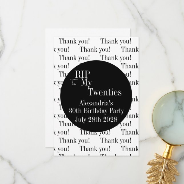 30th Birthday RIP 20s Party Thank You (Front/Back In Situ)