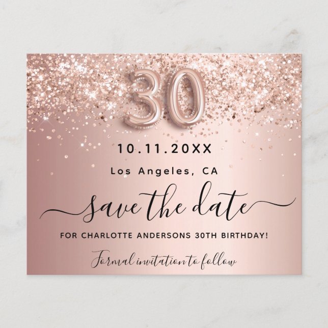 30th birthday rose glitter budget save the date flyer (Front)