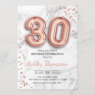 30th Birthday - Rose Gold Balloons Marble Effect Invitation