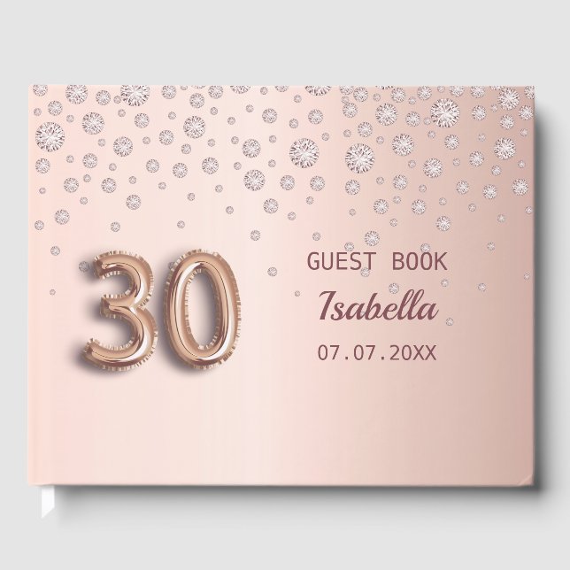 30th birthday rose gold blush diamonds glamourous guest book (Front)