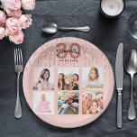 30th birthday rose gold blush glitter drips photo paper plate<br><div class="desc">For a 30th birthday party, celebrating her life with a collage of 6 of your own photos. Personalise and add a name, age 30 and a date. Date of birth or the date of the party. Dark rose gold and black coloured letters. A trendy rose gold coloured background decorated with...</div>