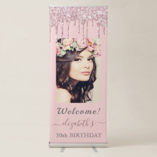 30th birthday rose gold blush glitter drips photo retractable banner