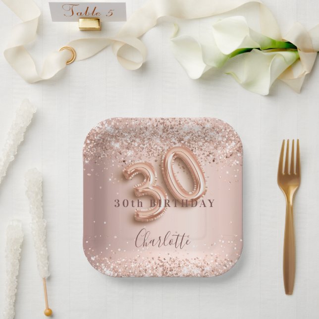 30th birthday rose gold blush glitter name paper plate (Wedding)
