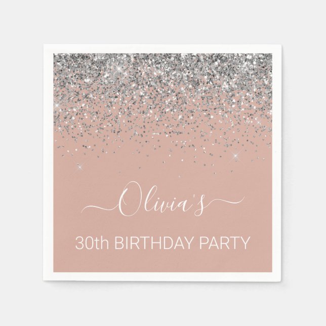 30th Birthday Rose Gold Blush Pink Silver Glitter Napkin (Front)