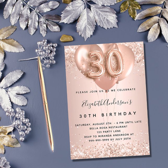 30th birthday rose gold blush sparkle balloons invitation (Creator Uploaded)