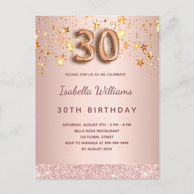 30th birthday rose gold blush stars glamourous postcard (Front)