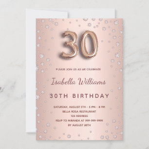 30th birthday rose gold diamonds script glamourous invitation