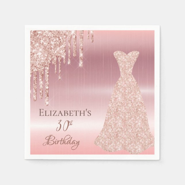 30th birthday rose gold dress glitter drip glam napkin (Front)