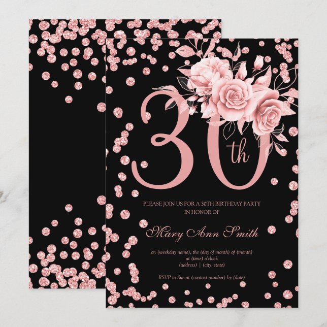 30th Birthday Rose Gold Floral & Confetti Black  Invitation (Front/Back)