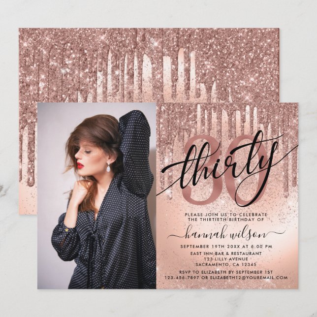 30th Birthday Rose Gold Foil & Glitter Photo Invitation (Front/Back)