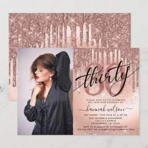 30th Birthday Rose Gold Foil & Glitter Photo Invitation