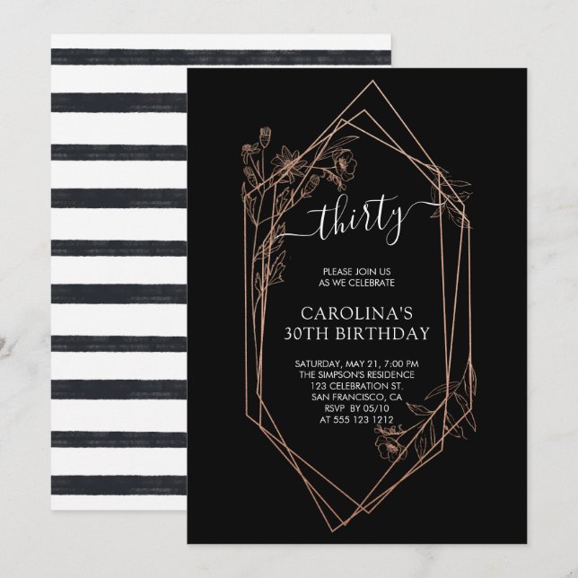 30th Birthday Rose Gold Geometric Black Invitation (Front/Back)