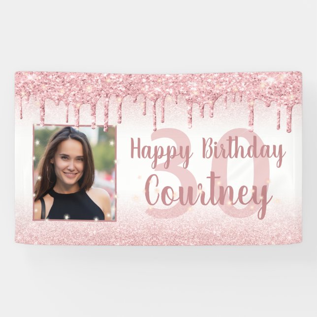 30th Birthday Rose Gold Glitter Drip Sparkle Photo Banner (Horizontal)