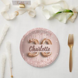 30th birthday rose gold glitter drips name paper plate