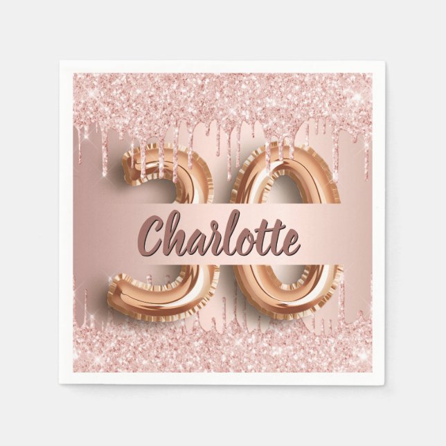 30th birthday rose gold glitter name napkin (Front)