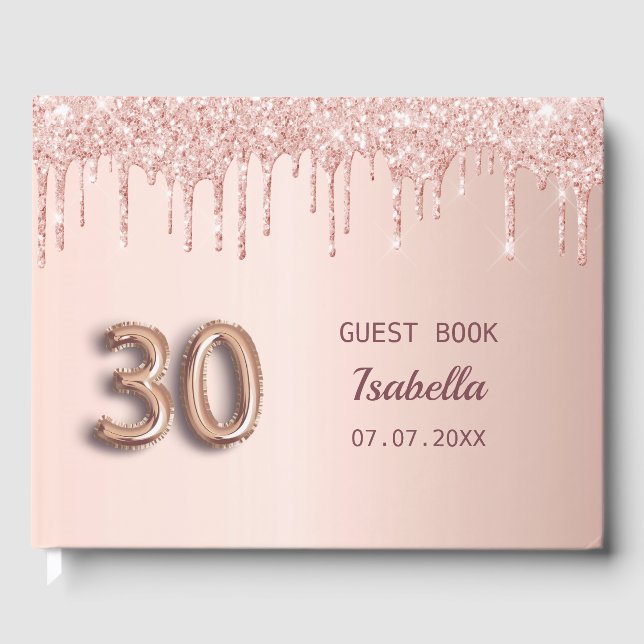 30th birthday rose gold glitter pink balloon font guest book (Front)