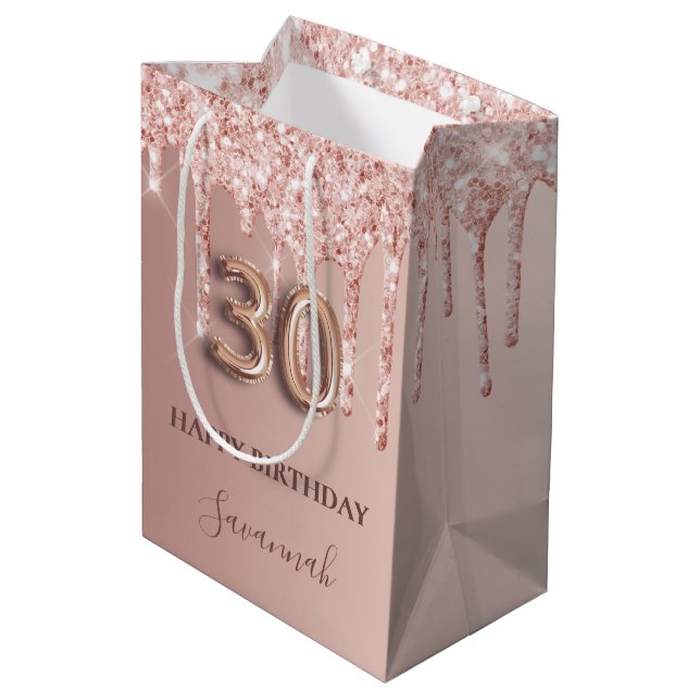 30th birthday rose gold glitter pink balloon style medium gift bag (Back Angled)