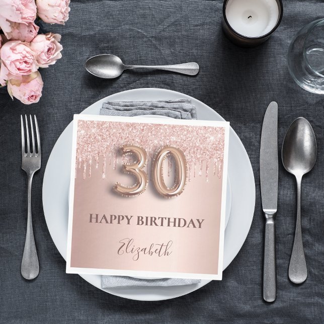 30th birthday rose gold glitter pink balloon style napkin (Creator Uploaded)