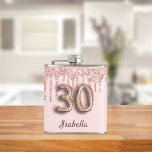 30th birthday rose gold glitter pink friends hip flask<br><div class="desc">A gift from friends for a girly and glamourous 30th birthday. A light rose gold, pink background with elegant faux rose gold glitter drips, paint dripping look. The text: The name is written in dark rose gold with a modern hand lettered style script. Personalise and add a name. Number 30...</div>