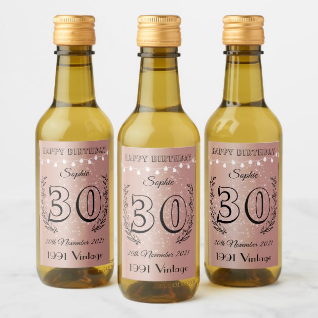 30th Birthday Rose Gold Mini Wine Bottle Labels (Bottles)
