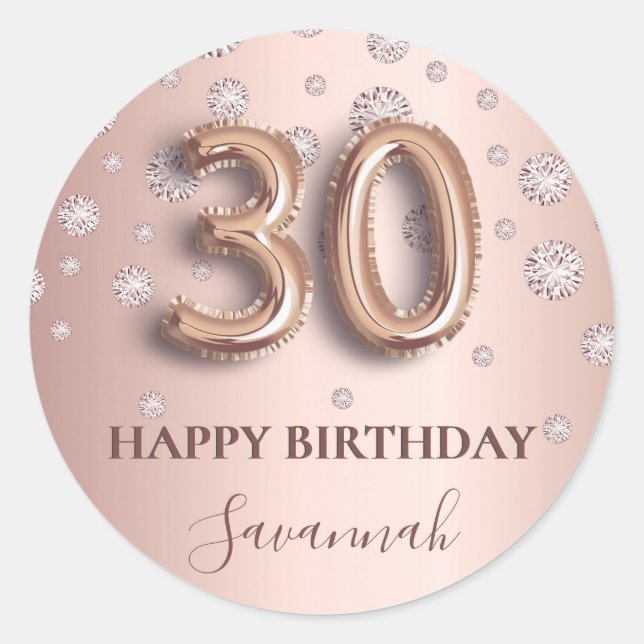 30th birthday rose gold pink diamonds name classic round sticker (Front)