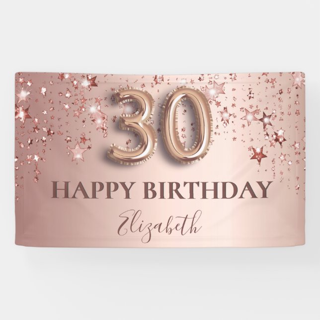 30th birthday rose gold pink stars balloon script banner (Horizontal)
