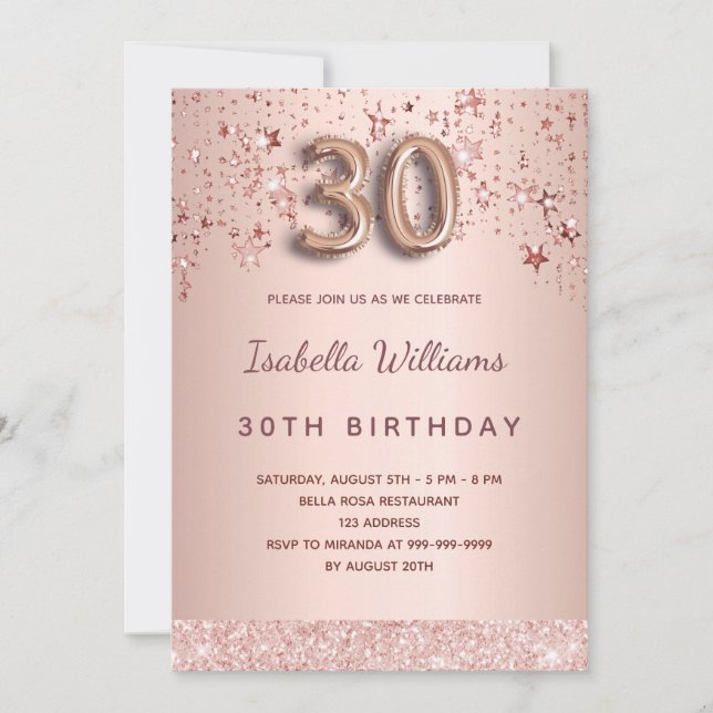 30th birthday rose gold pink stars invitation (Front)