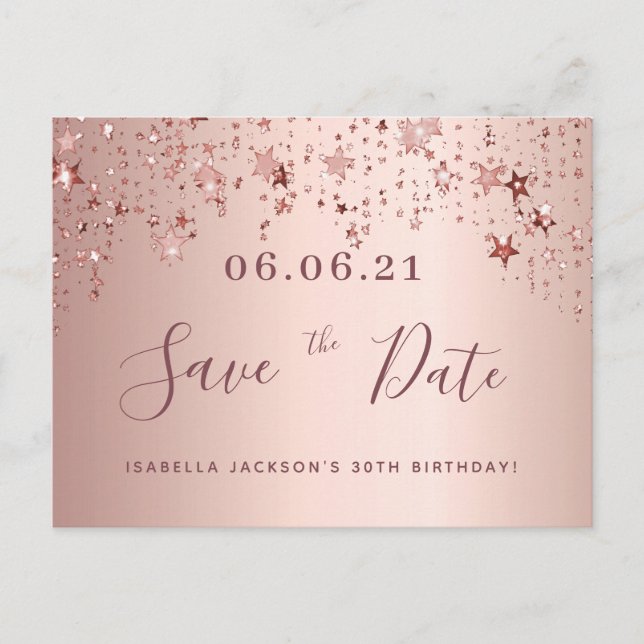 30th birthday rose gold stars blush save the date postcard (Front)