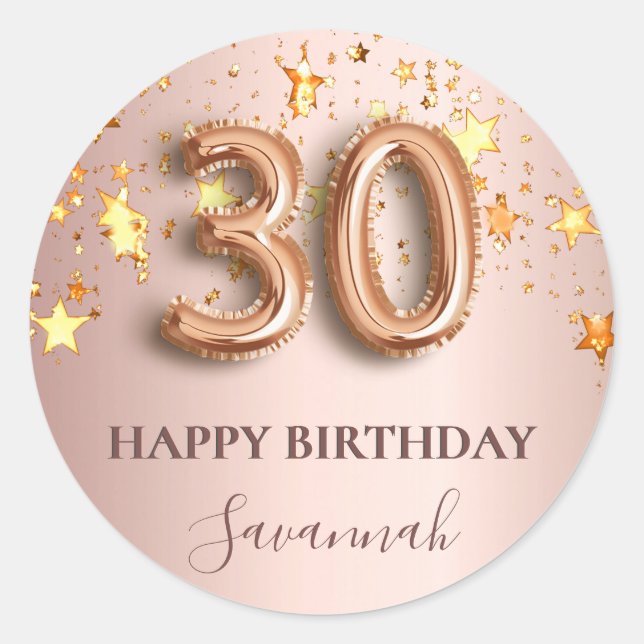 30th birthday rose gold stars pink balloon font classic round sticker (Front)