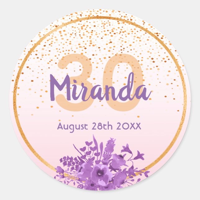 30th birthday rose gold with confetti and flowers classic round sticker (Front)