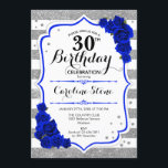 30th Birthday - Royal Blue Silver White Stripes Invitation<br><div class="desc">30th Birthday Invitation.
Elegant design in faux glitter silver,  white and royal blue. Features stylish script fort,  stripes and blue roses. Perfect for an elegant thirtieth birthday party. Can be customized into any age.</div>