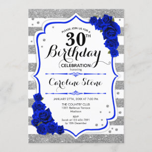 30th Birthday - Royal Blue Silver White Stripes Invitation