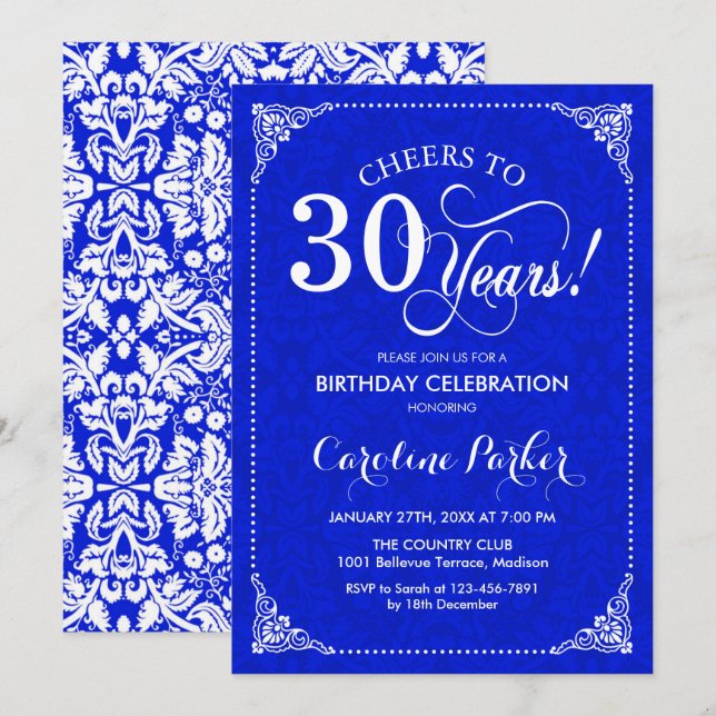 30th Birthday - Royal Blue White Damask Invitation (Front/Back)