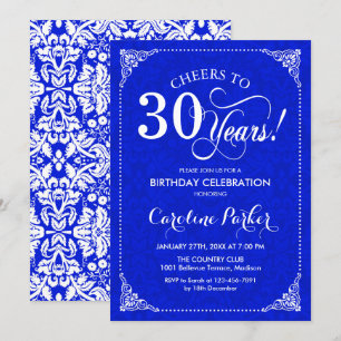 30th Birthday - Royal Blue White Damask Invitation