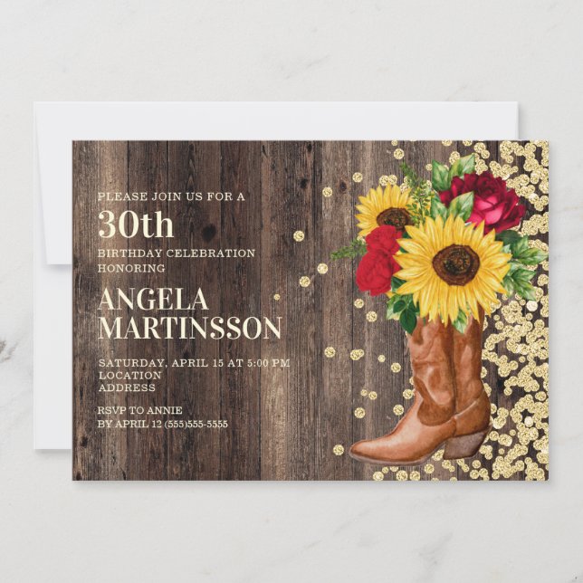 30th Birthday Rustic Boots Sunflower Red Roses Invitation (Front)